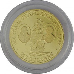 250 Dollar Cook Islands 500 Years of America 1/4oz Gold - 1990