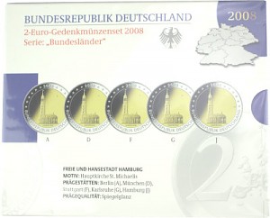 5x 2 EUR commemorative coin set series federal states A-J 2008 St. 