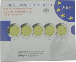 5x 2 EUR commemorative coin set 10 Years Economic and Monetary Union A-J 2009 St. 5x 2 EUR commemorative coin set 10 Years Economic and Monetary Union A-J 2009 St.