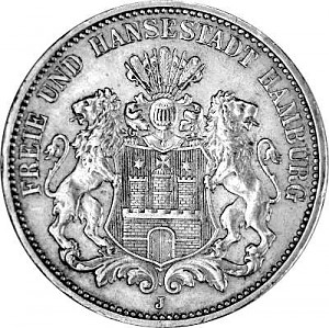 3 Mark German Empire Hanseatic City of Hamburg 15g Silver (1908 - 1914)