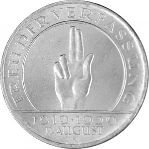 3 Reichsmark Weimar Republic Swear-hand 7,5g silver - 1929 3 Reichsmark Weimar Republic Swear-hand 7,5g silver - 1929