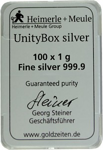 Silver bar UnityBox Heimerle + Meule 100 x 1g Silver diff. B-Stock